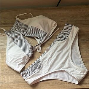 White and Black Striped Bikini Set